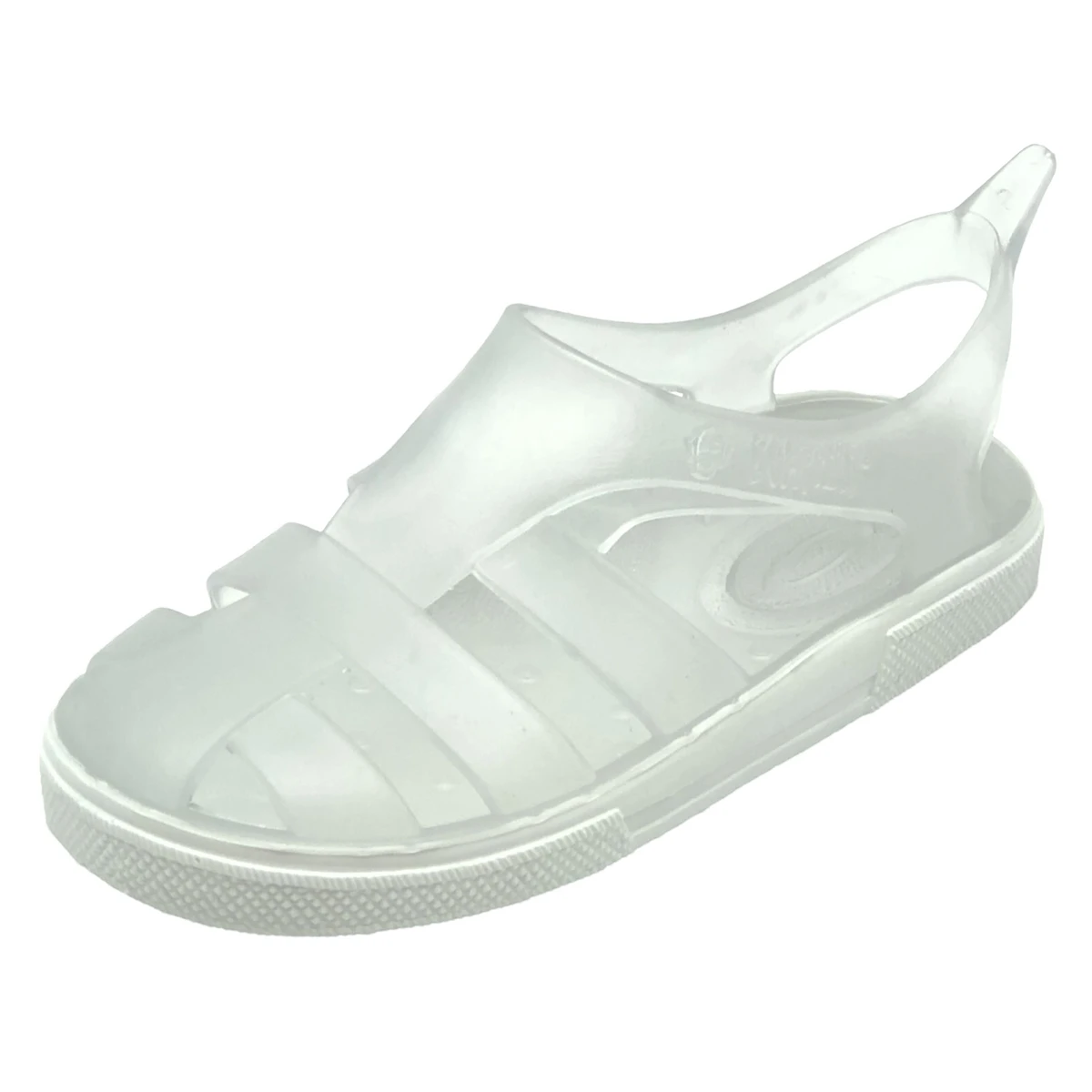 Cangrejera Boatilus Bioty en color transparente, vista lateral con diseño cerrado, suela flexible tipo tenis y estructura ligera ideal para uso acuático y urbano.